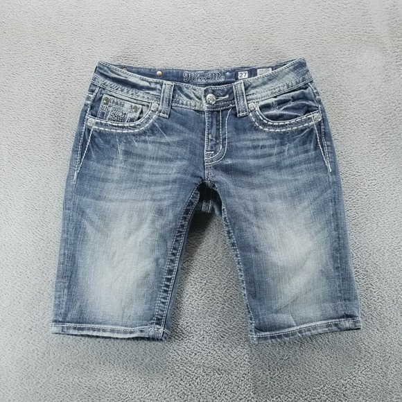 Miss Me Shorts Womens 27 Blue Bermuda 10" Flap Pockets Stretch Denim - Picture 1 of 12